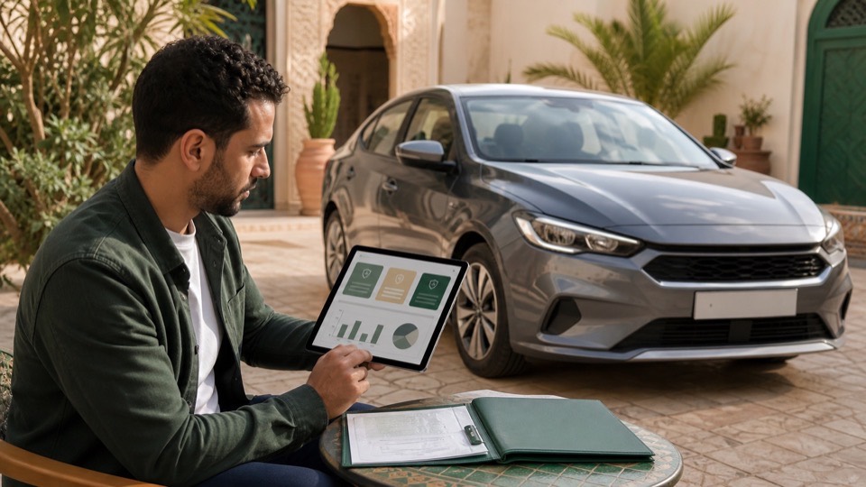Conducteur marocain comparant un devis d'assurance auto à côté de sa voiture