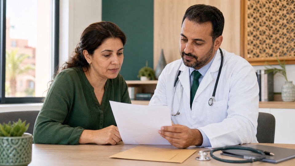 Patiente marocaine examinant un relevé de frais médicaux avec son médecin