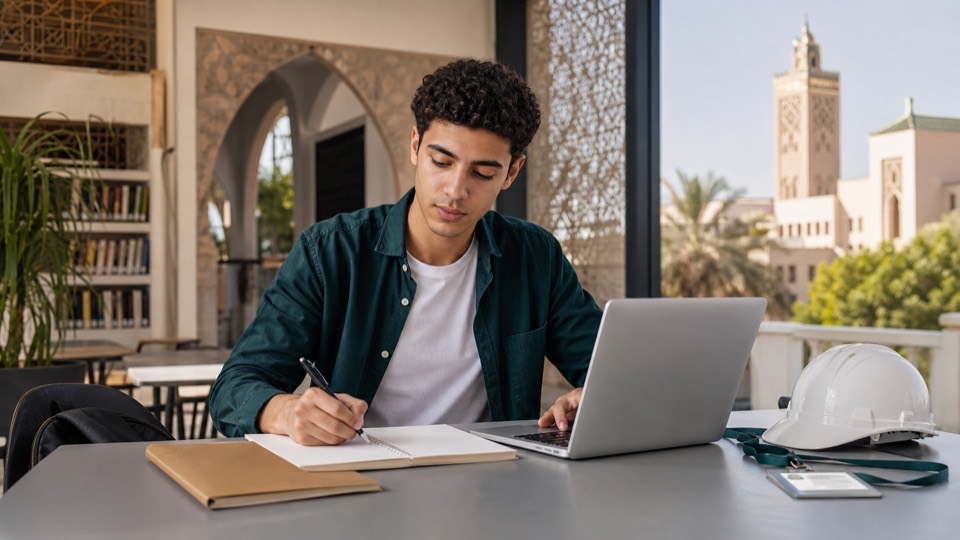 Étudiant marocain préparant son passage de l'université à un stage professionnel