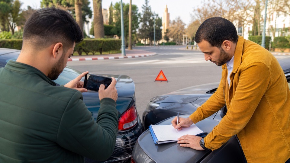 Conducteurs marocains photographiant les dégâts et remplissant un constat après un accident léger