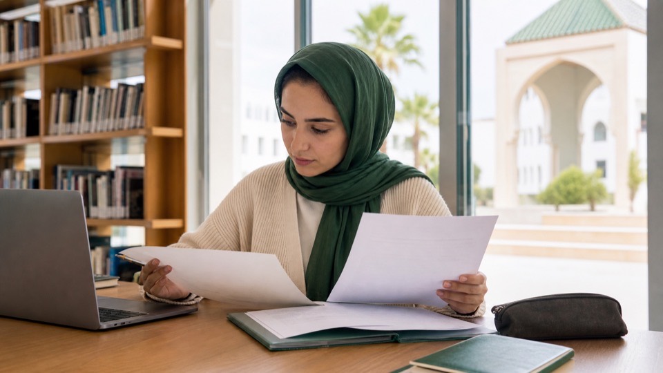 Étudiante marocaine vérifiant sa convention et son attestation d'assurance stage